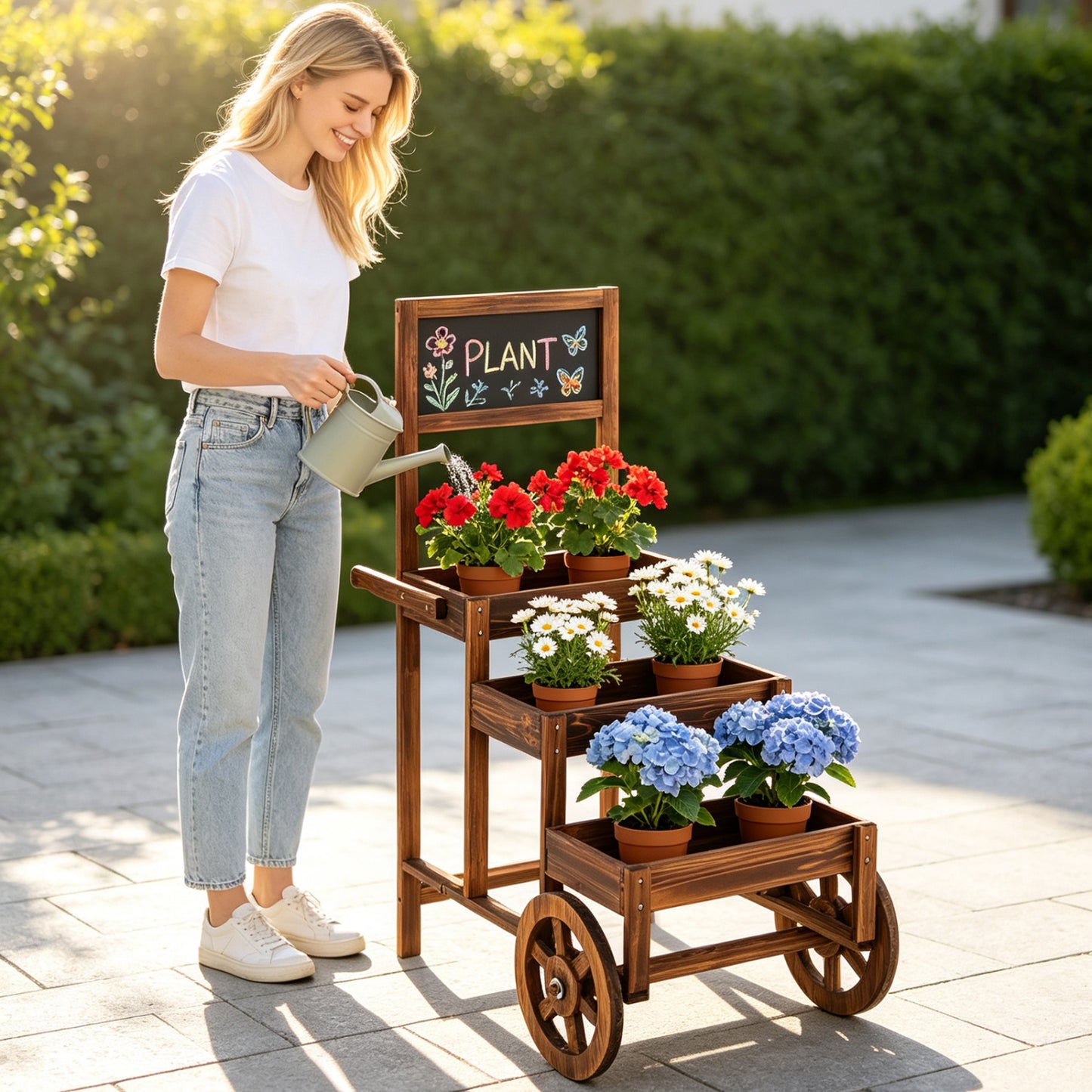 3-Tier Carbonized Fir Wood Plant Display Stand Wooden Dessert Candy Cart-Brown