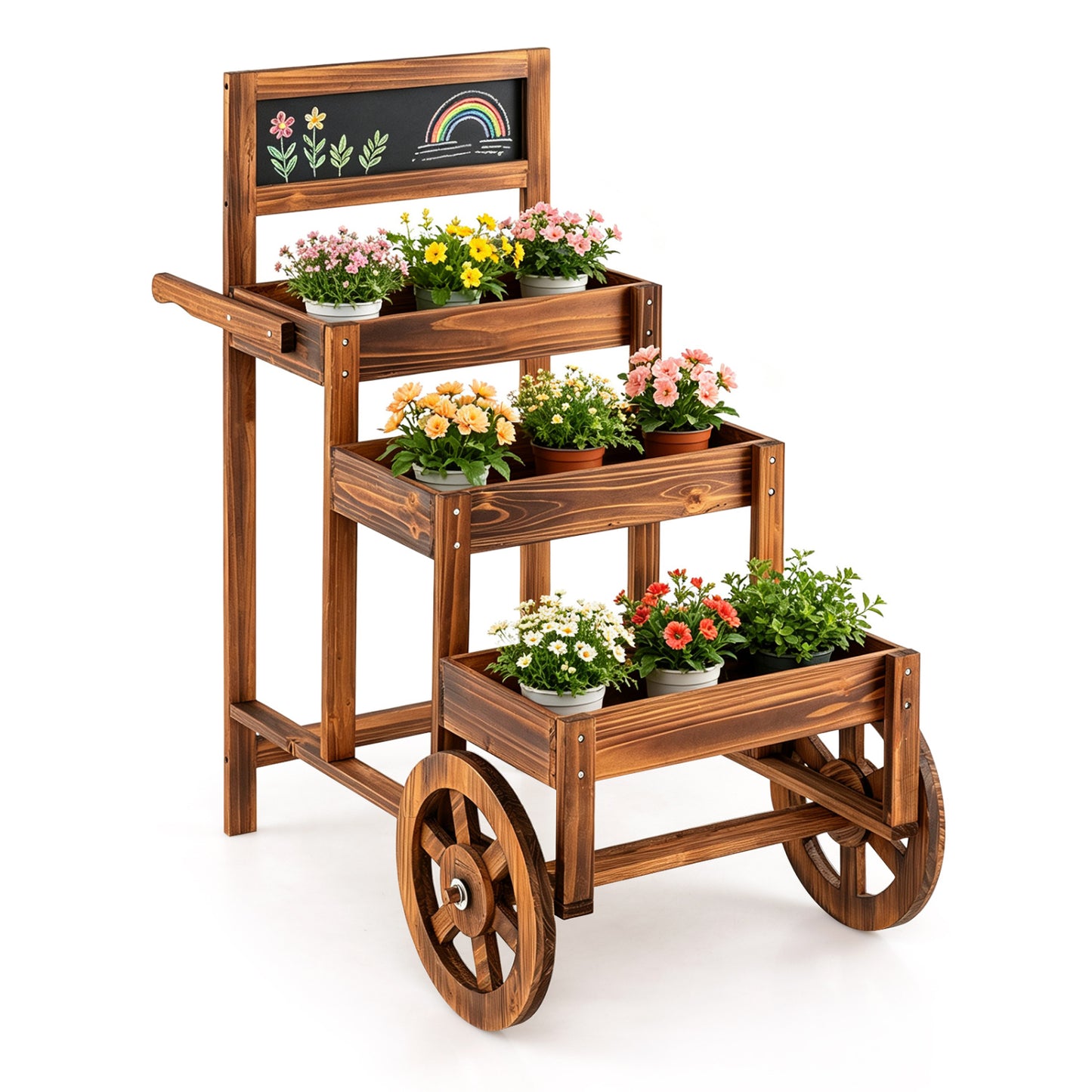 3-Tier Carbonized Fir Wood Plant Display Stand Wooden Dessert Candy Cart-Brown