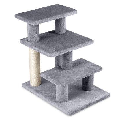 3-Tier Cat Stairs 19 Inch Plush Steps with Scratching Posts for High Bed Sofa-Gray