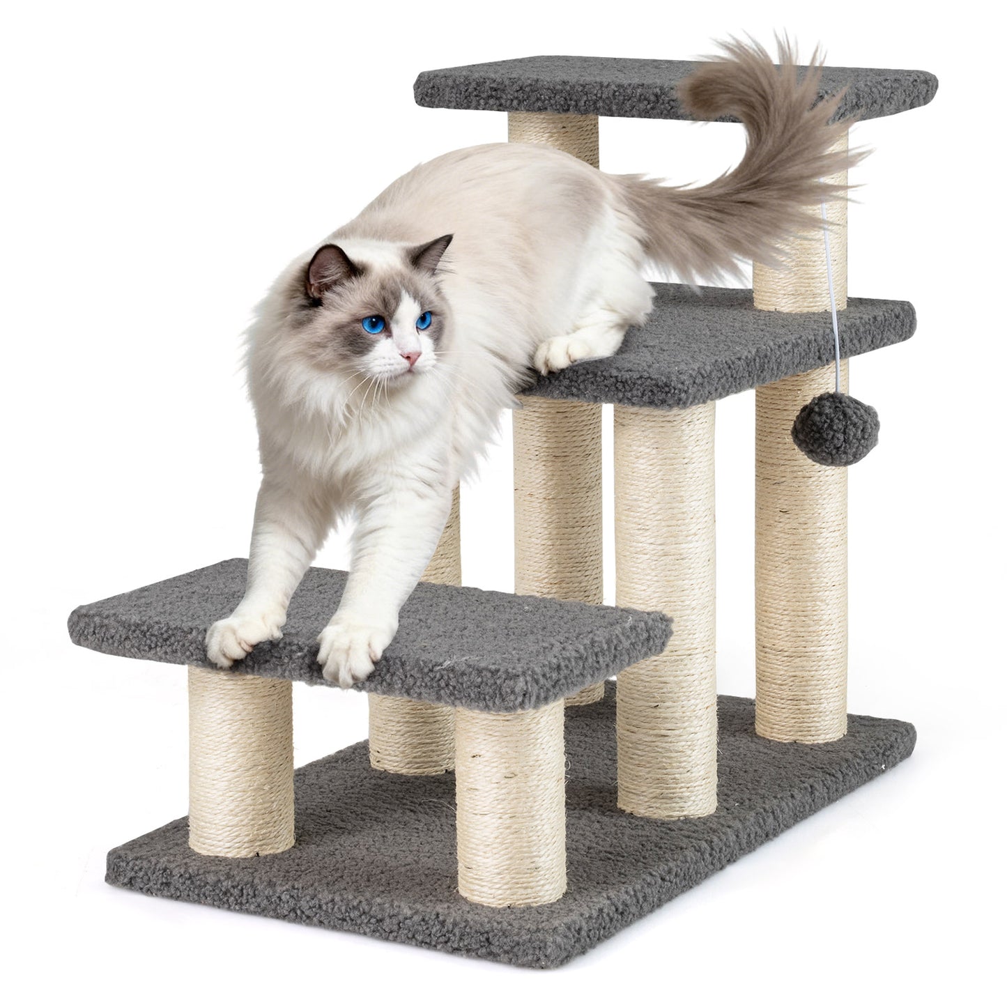 3-Tier Cat Stairs 20 Inch with Scratching Posts and Hanging Toy Ball-Gray