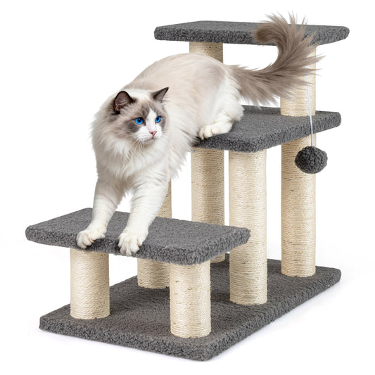 3-Tier Cat Stairs 20 Inch with Scratching Posts and Hanging Toy Ball-Gray
