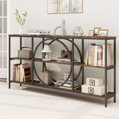 3-Tier Console Table with Faux Marble Top and Storage Shelves for Hallway Living Room-Rustic Brown