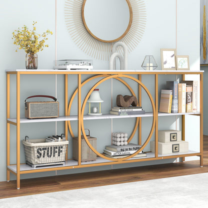 3-Tier Console Table with Faux Marble Top and Storage Shelves for Hallway Living Room-Rustic Brown