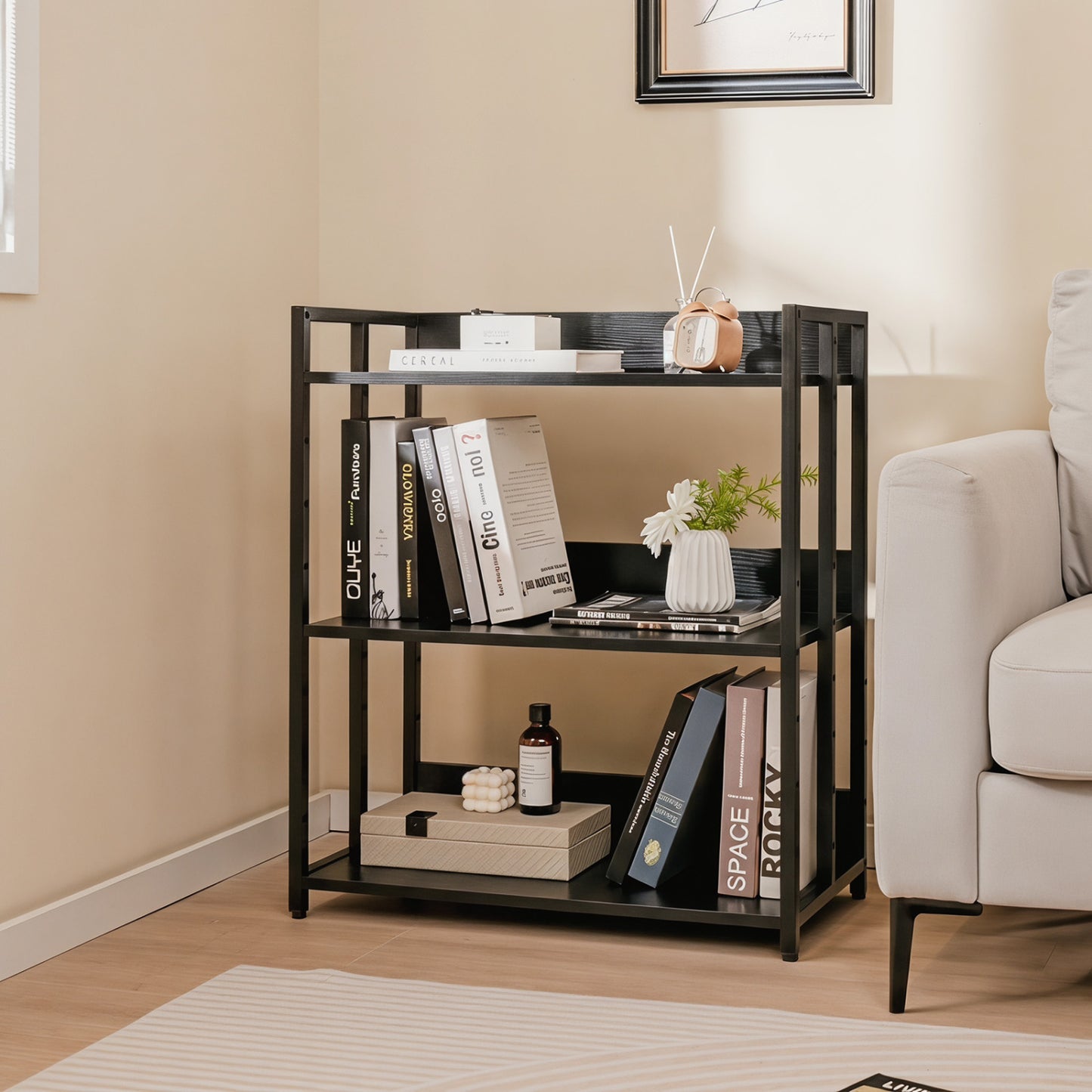 3-Tier Corner Bookshelf with Adjustable Shelves and Anti-Toppling Device for Study-Black