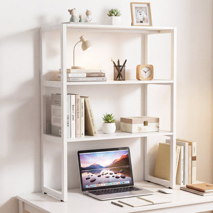 White 3-tier countertop storage hutch with open shelves for home office or kitchen organization, featuring a sleek, modern design.