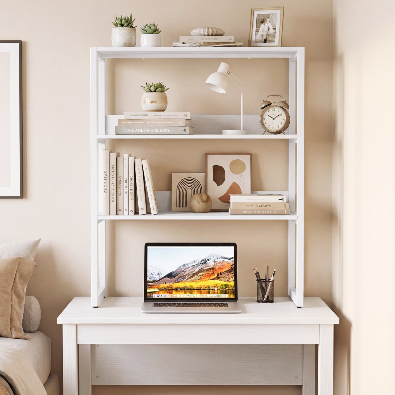 White 3-tier countertop storage hutch with open shelves, ideal for home office or kitchen organization, by Wilsons Home Store.