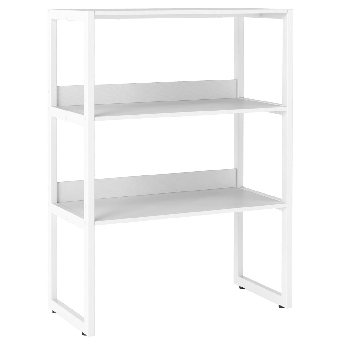 White 3-tier countertop storage hutch with open shelves, ideal for home office or kitchen organization.