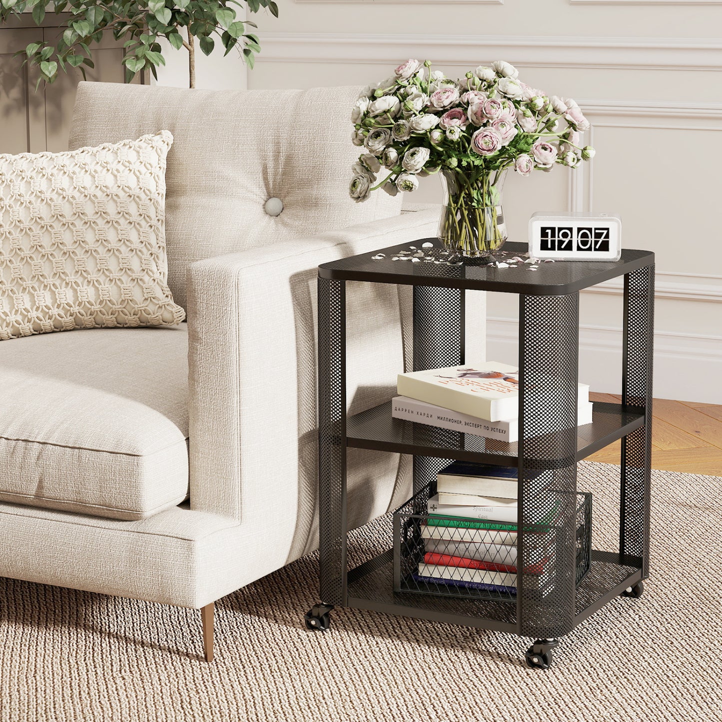3-Tier End Table with Wheels Rolling Side Table with Open Storage Shelves-1 Piece