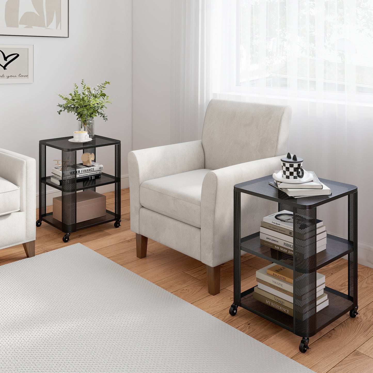 3-Tier End Table with Wheels Rolling Side Table with Open Storage Shelves-1 Piece