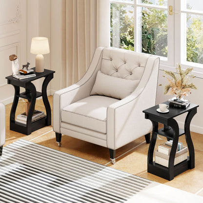 3-Tier End Tables with Charging Station Set of 2 with Open Storage Shelves-Black