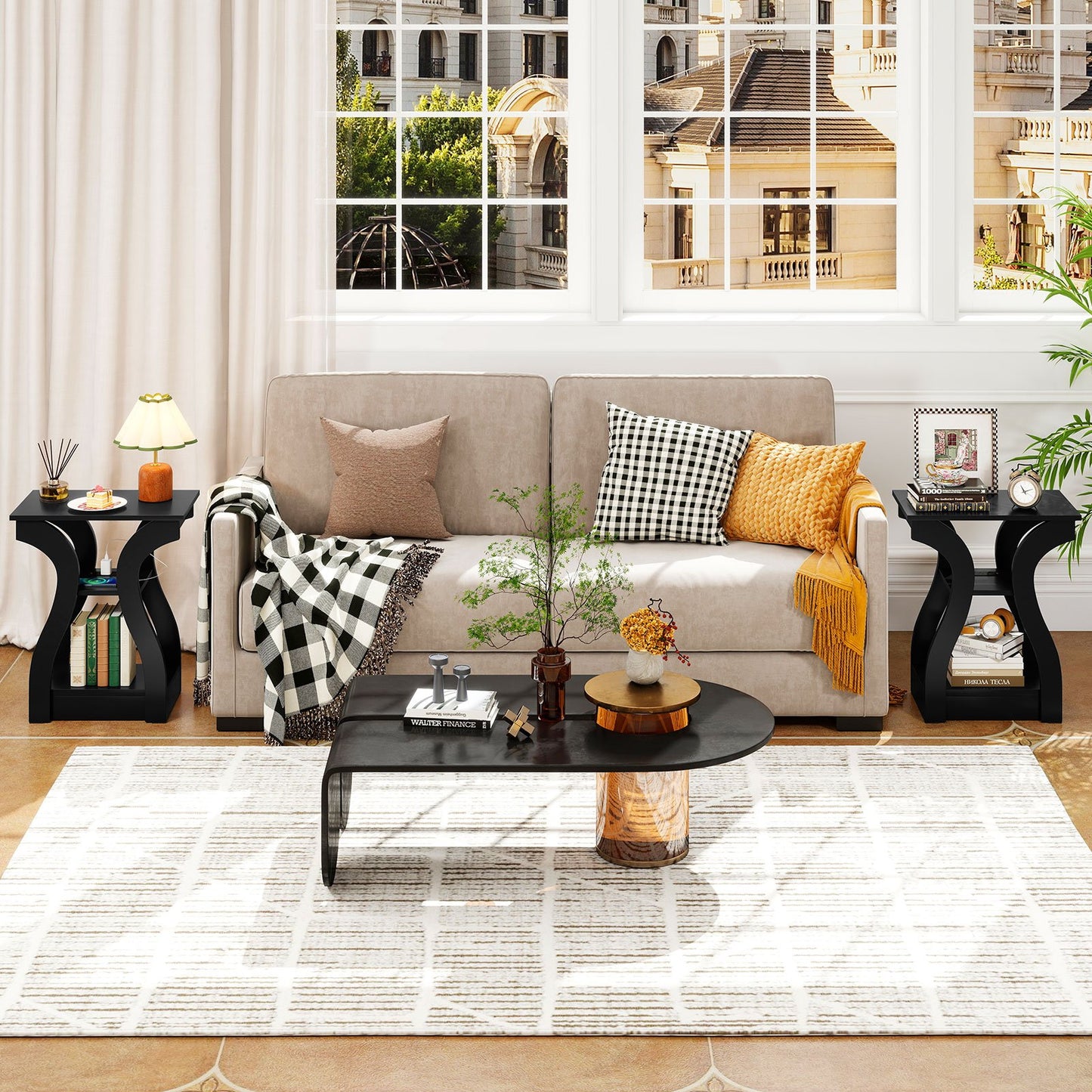 3-Tier End Tables with Charging Station Set of 2 with Open Storage Shelves-Black