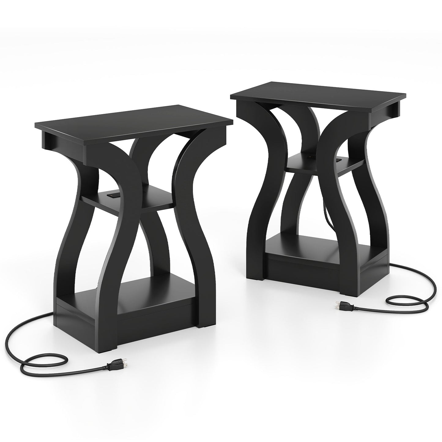 3-Tier End Tables with Charging Station Set of 2 with Open Storage Shelves-Black