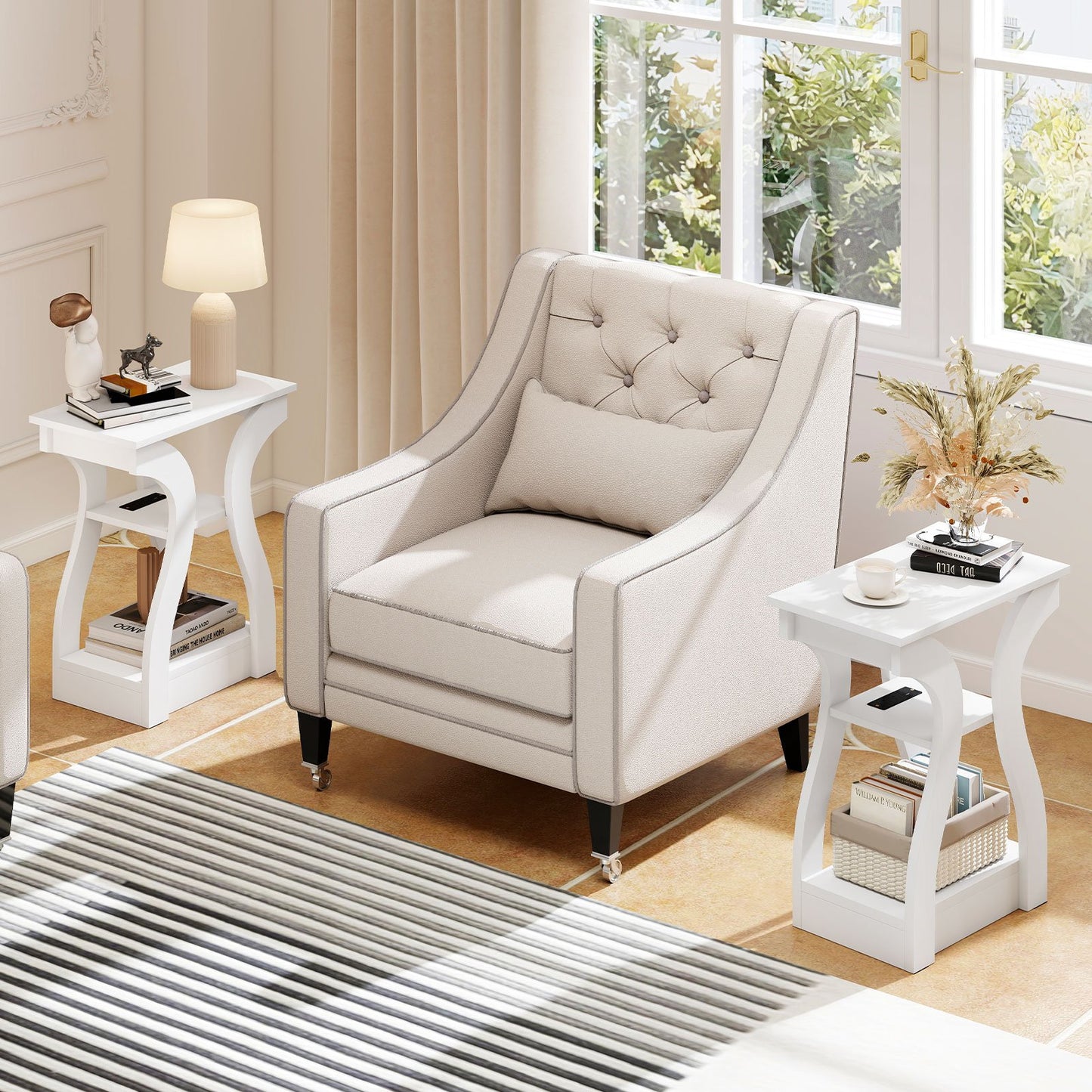 3-Tier End Tables with Charging Station Set of 2 with Open Storage Shelves-Black