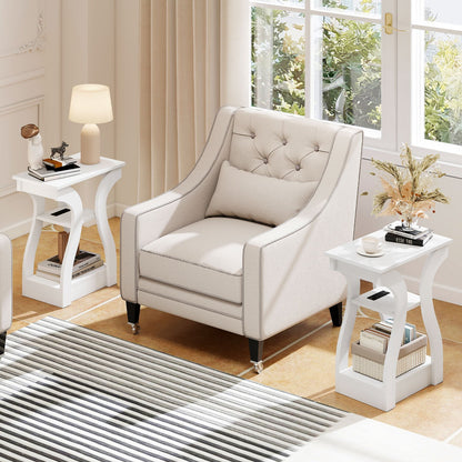 3-Tier End Tables with Charging Station Set of 2 with Open Storage Shelves-Black