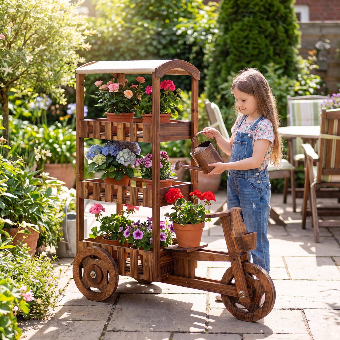 3-Tier Fir Wood Plant Stand with Fabric Canopy and 3 Wheels-Brown
