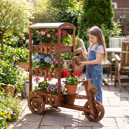 3-Tier Fir Wood Plant Stand with Fabric Canopy and 3 Wheels-Brown