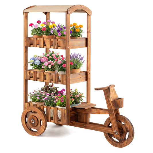 3-Tier Fir Wood Plant Stand with Fabric Canopy and 3 Wheels-Brown