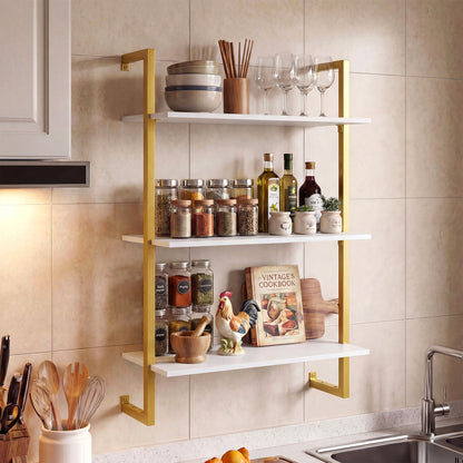 White 3-tier floating kitchen shelf by Wilsons Home Store, modern design for living room, home office, or bathroom storage.