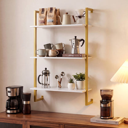 White 3-tier floating kitchen shelf by Wilsons Home Store for living room, home office, or bathroom storage.