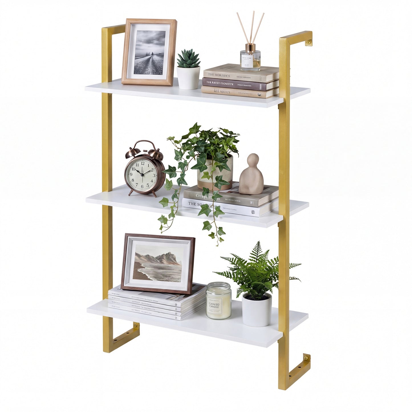 White 3-tier floating modern kitchen shelf by Wilsons Home Store for living room, home office, or bathroom storage.
