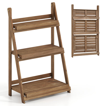 3-Tier Foldable Plant Stand with Slatted Shelves and Fir Wood Frame-Brown