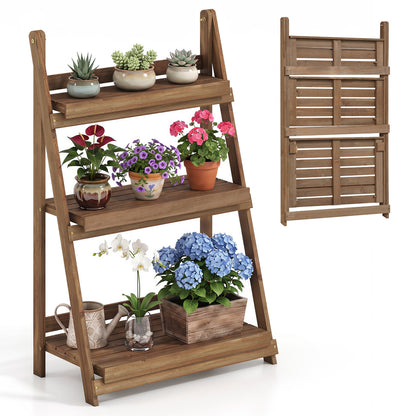 3-Tier Foldable Plant Stand with Slatted Shelves and Fir Wood Frame-Brown