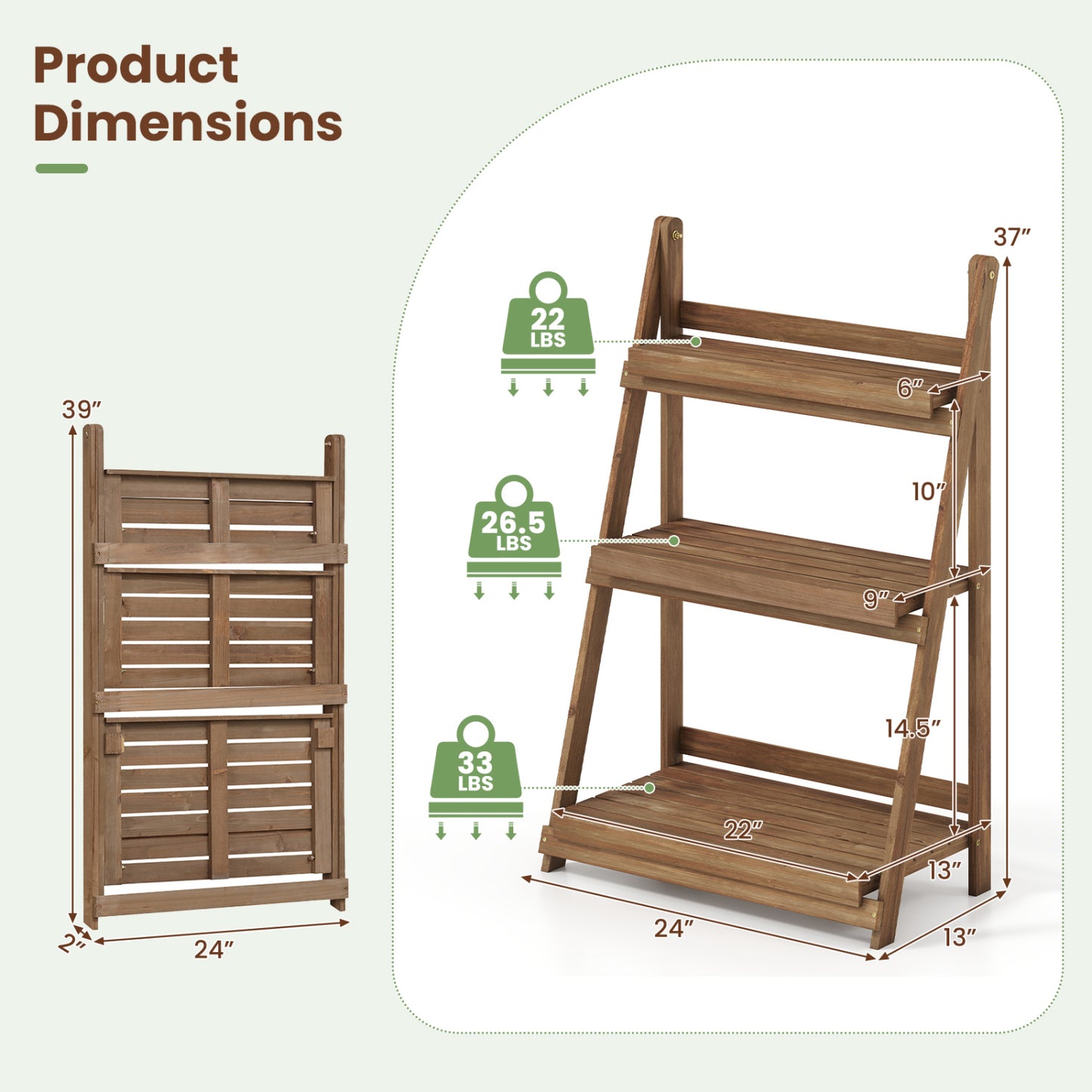 3-Tier Foldable Plant Stand with Slatted Shelves and Fir Wood Frame-Brown