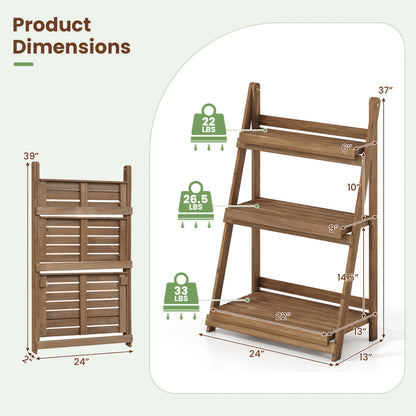 3-Tier Foldable Plant Stand with Slatted Shelves and Fir Wood Frame-Brown