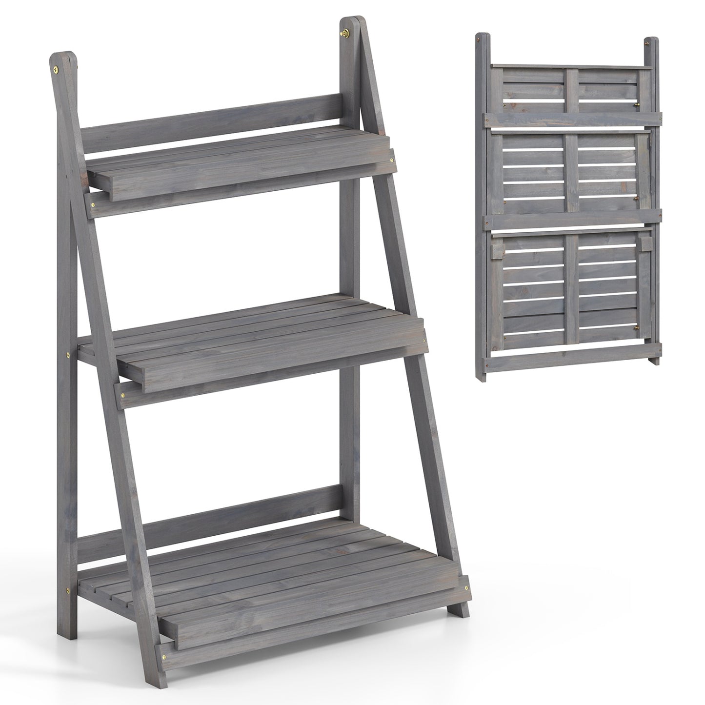 3-Tier Foldable Plant Stand with Slatted Shelves and Fir Wood Frame-Brown
