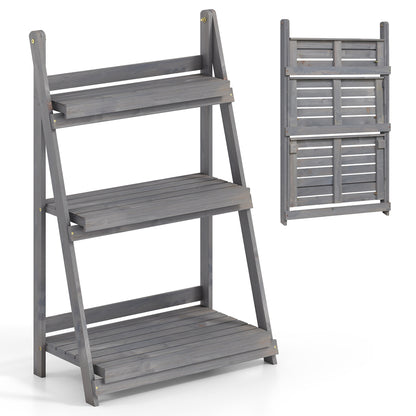 3-Tier Foldable Plant Stand with Slatted Shelves and Fir Wood Frame-Brown