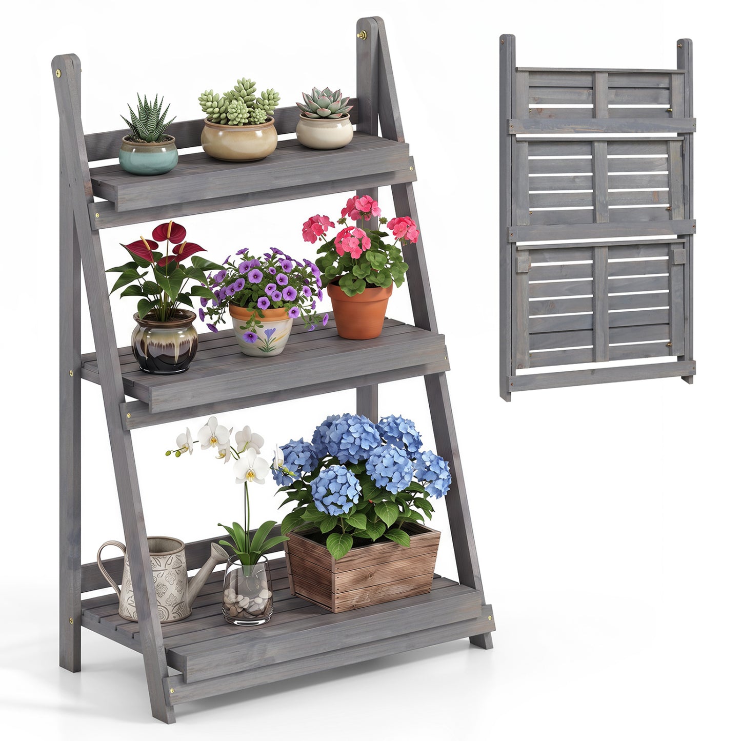 3-Tier Foldable Plant Stand with Slatted Shelves and Fir Wood Frame-Brown