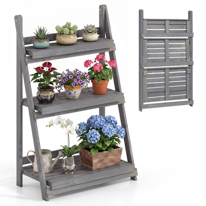 3-Tier Foldable Plant Stand with Slatted Shelves and Fir Wood Frame-Brown