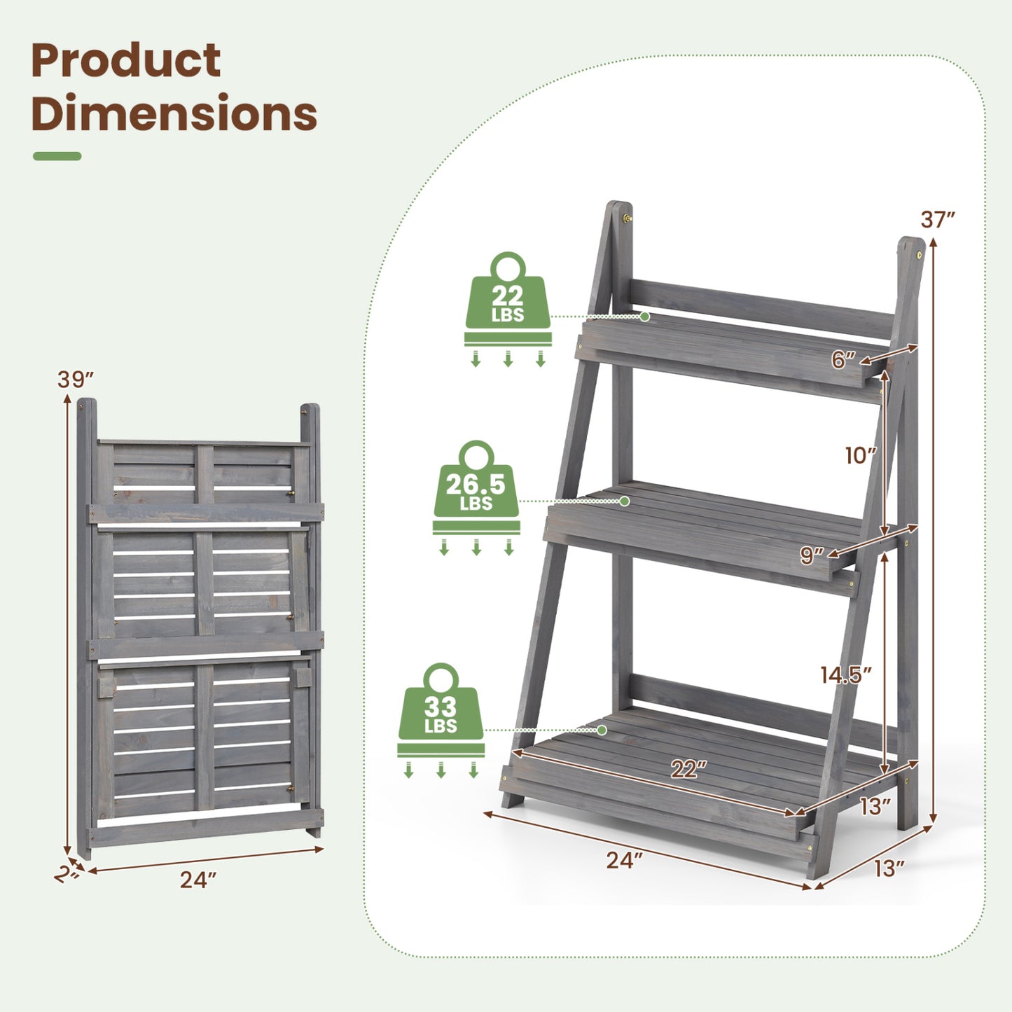 3-Tier Foldable Plant Stand with Slatted Shelves and Fir Wood Frame-Brown