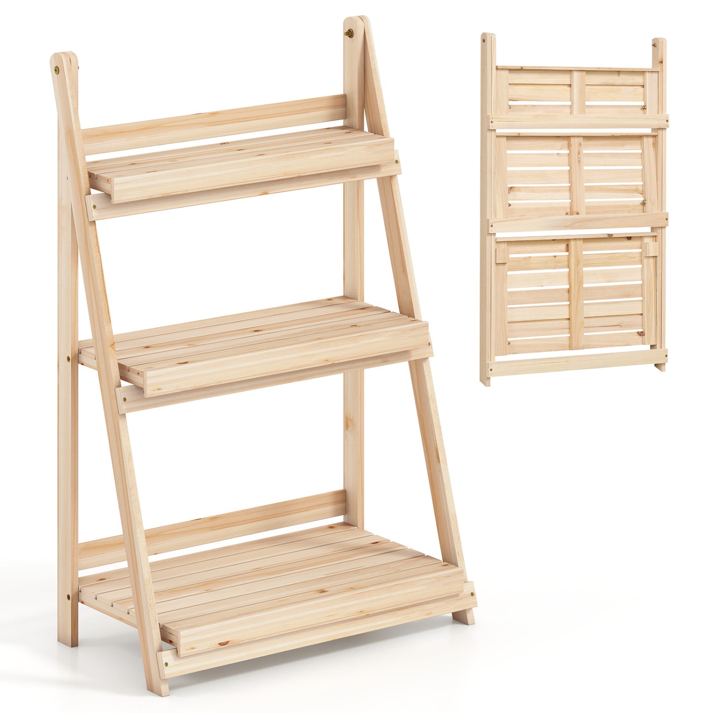 3-Tier Foldable Plant Stand with Slatted Shelves and Fir Wood Frame-Brown