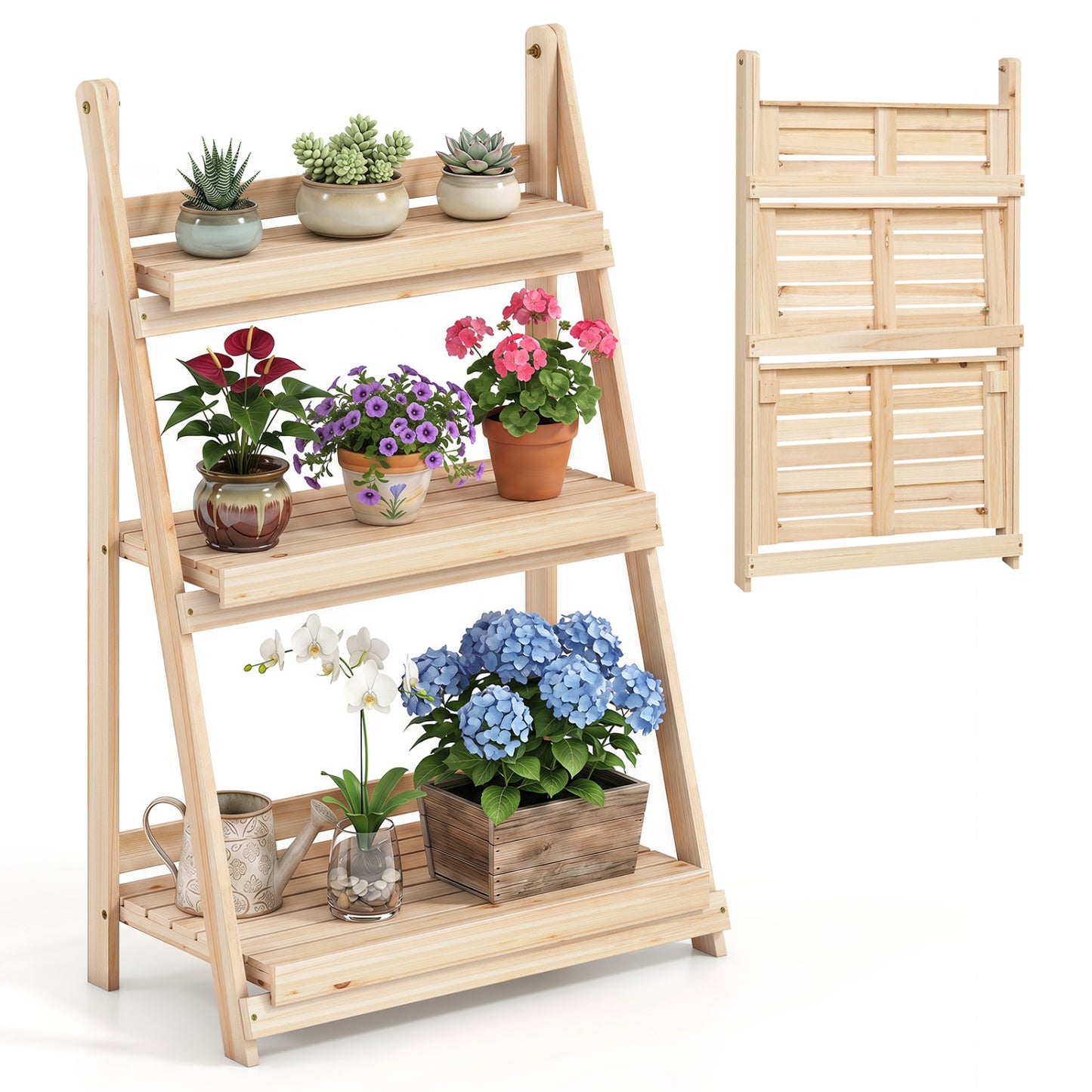 3-Tier Foldable Plant Stand with Slatted Shelves and Fir Wood Frame-Brown