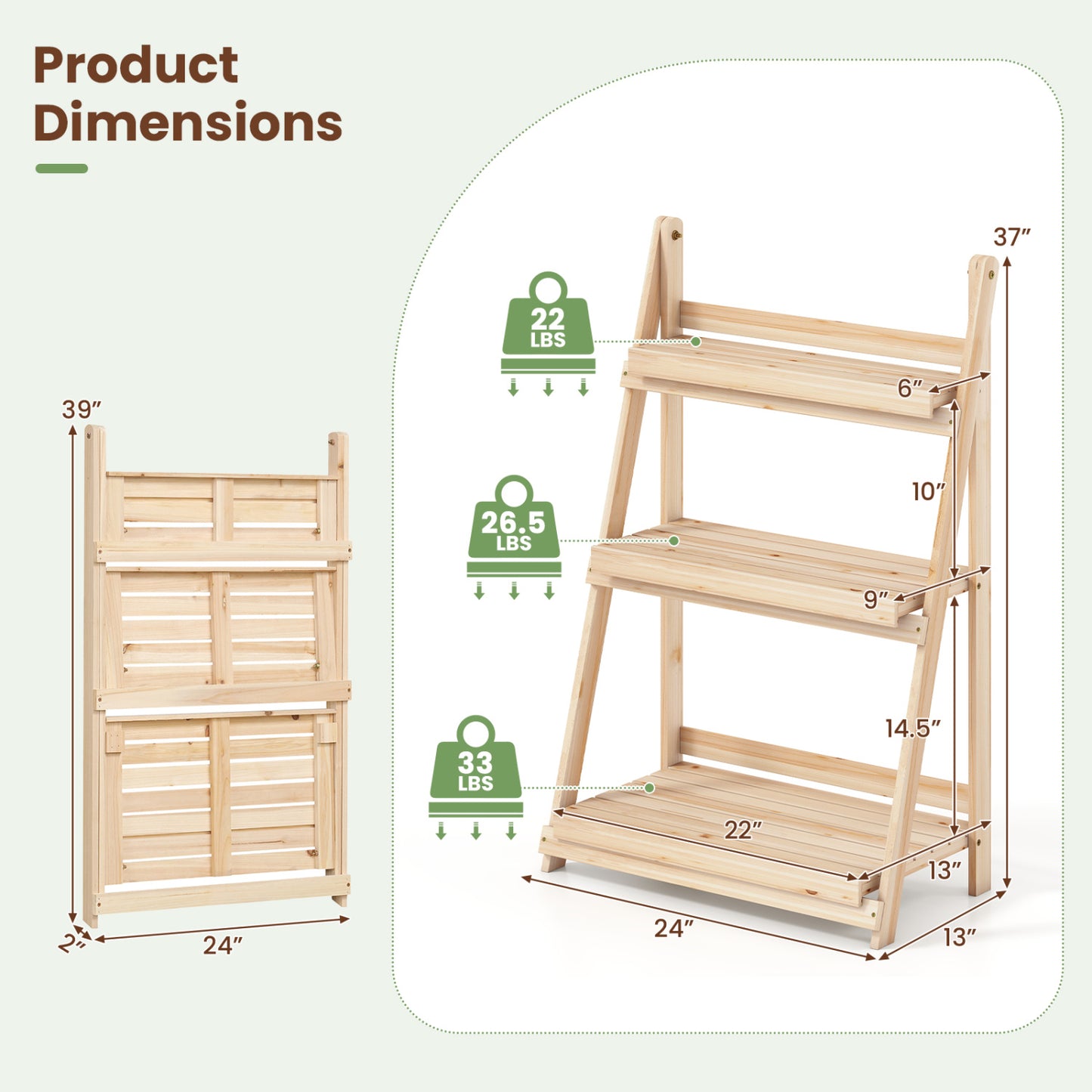 3-Tier Foldable Plant Stand with Slatted Shelves and Fir Wood Frame-Brown