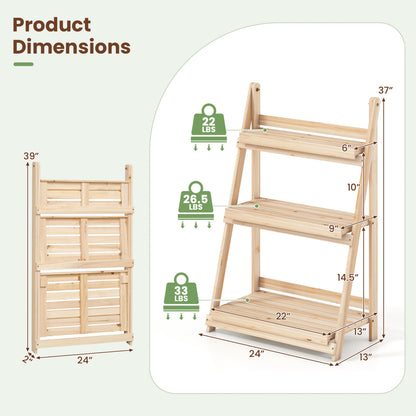 3-Tier Foldable Plant Stand with Slatted Shelves and Fir Wood Frame-Brown