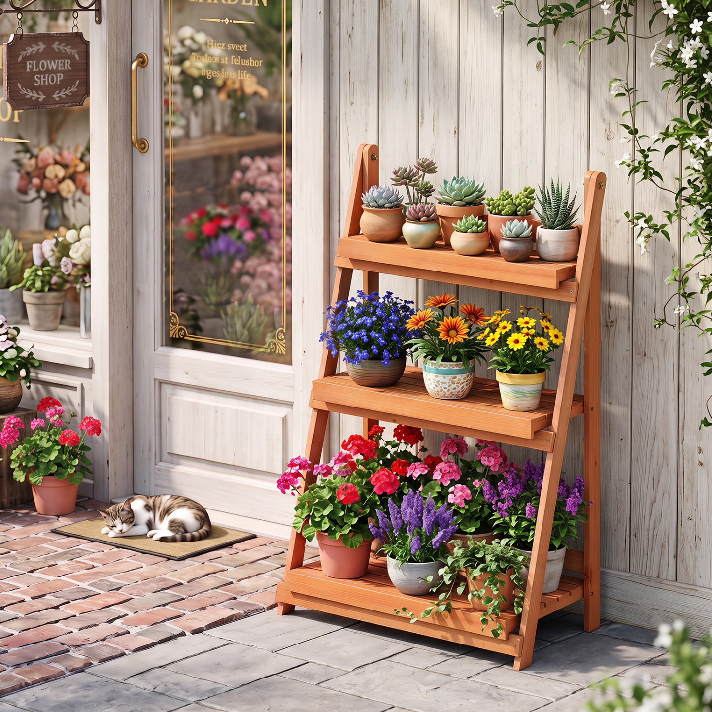 3-Tier Foldable Plant Stand with Slatted Shelves and Fir Wood Frame-Brown