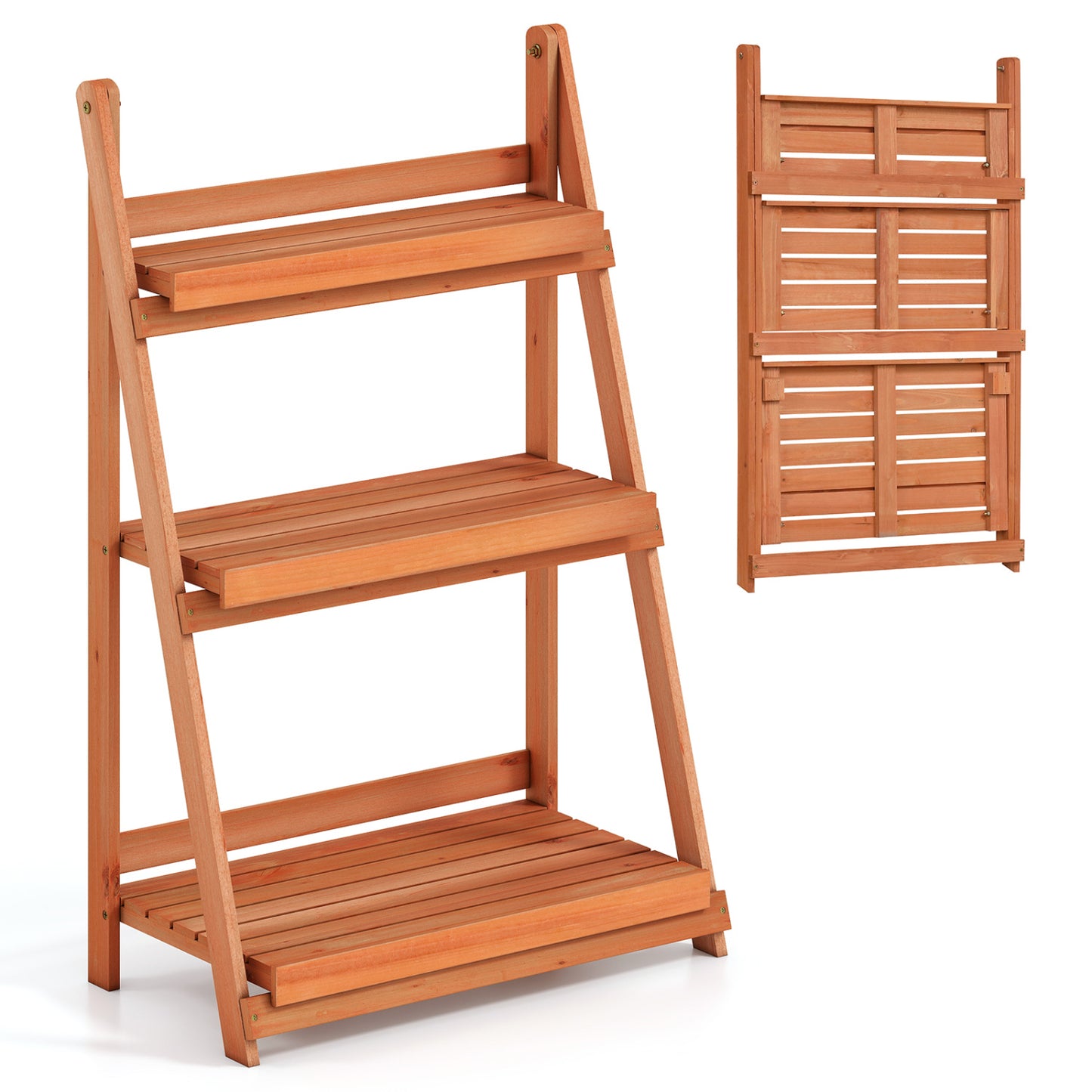 3-Tier Foldable Plant Stand with Slatted Shelves and Fir Wood Frame-Brown