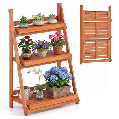 3-Tier Foldable Plant Stand with Slatted Shelves and Fir Wood Frame-Brown