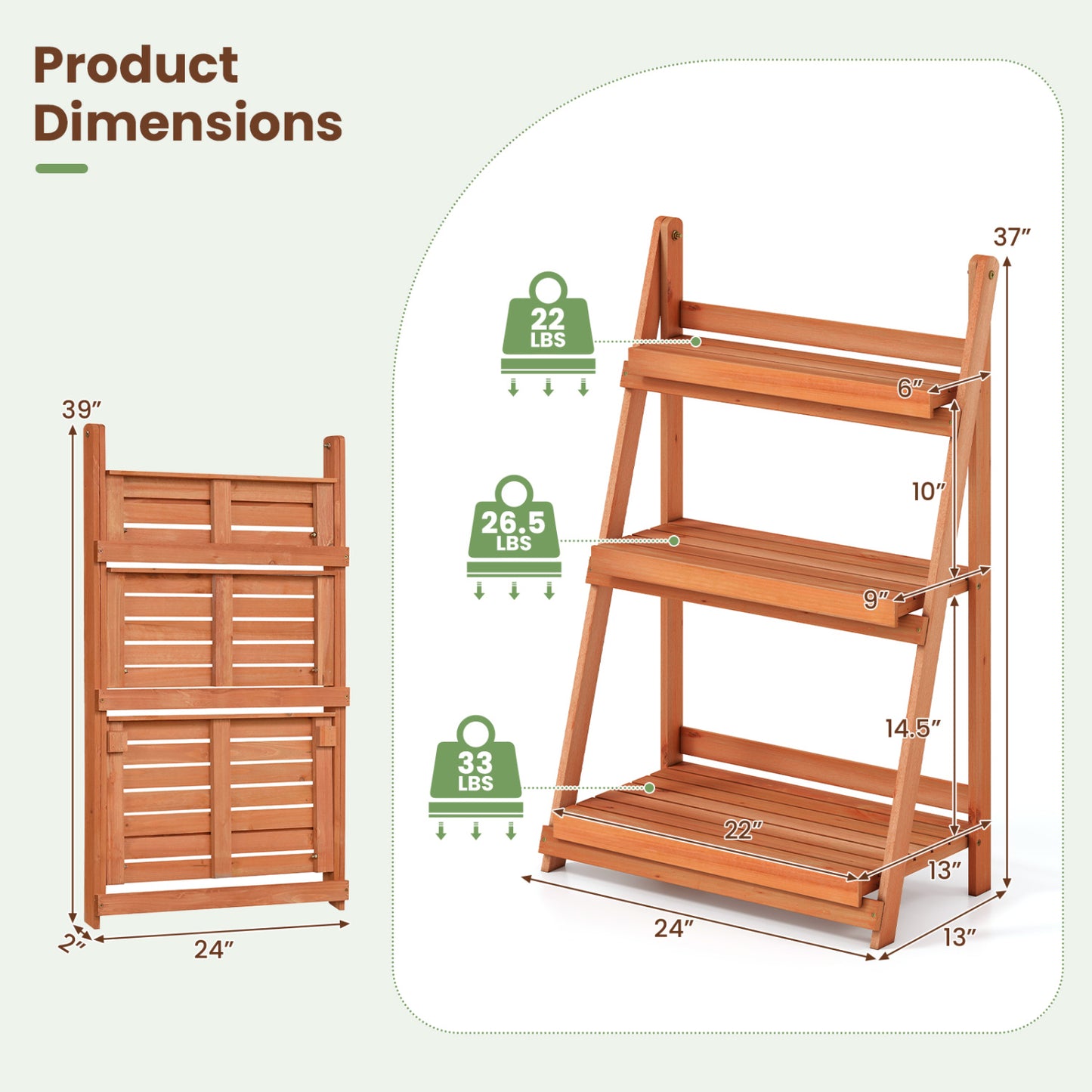 3-Tier Foldable Plant Stand with Slatted Shelves and Fir Wood Frame-Brown