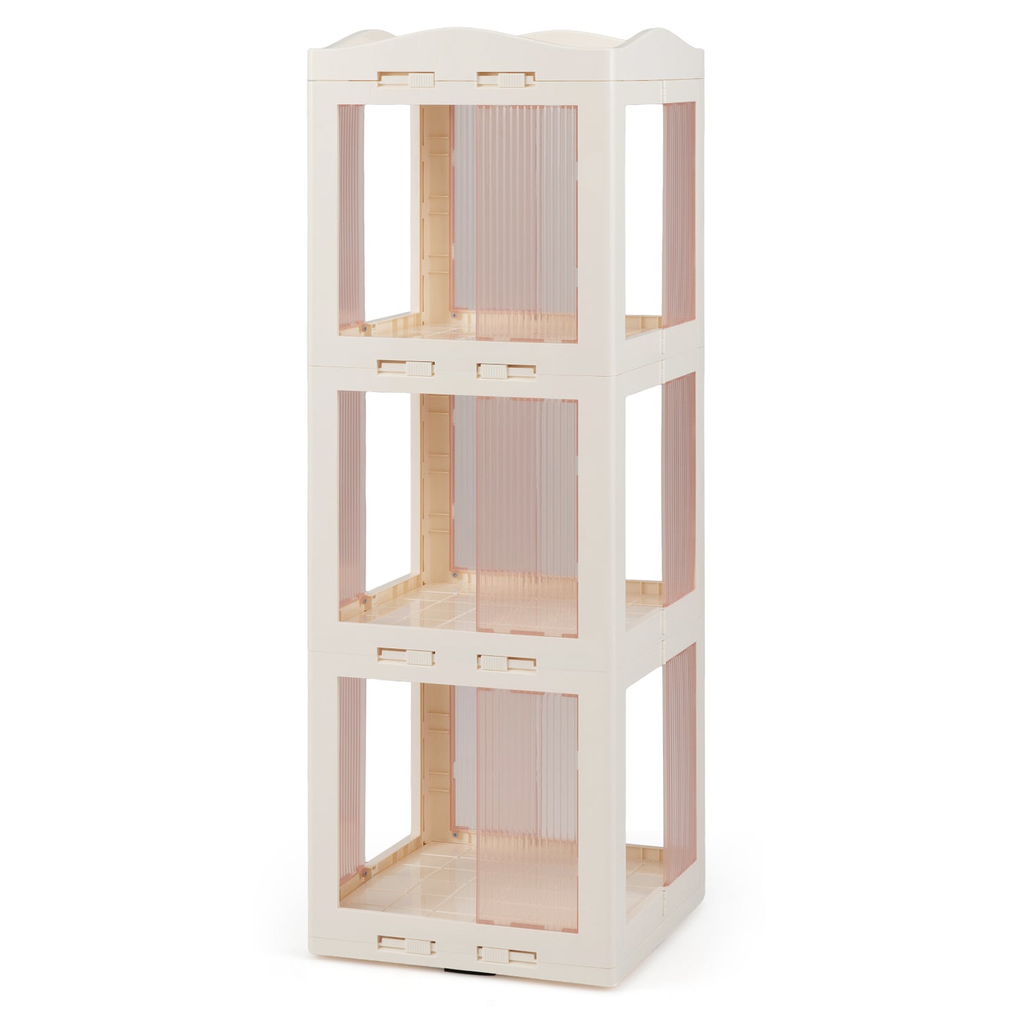 3-Tier Foldable Rotating Bookshelf with Swivel Base and Translucent Panels-White