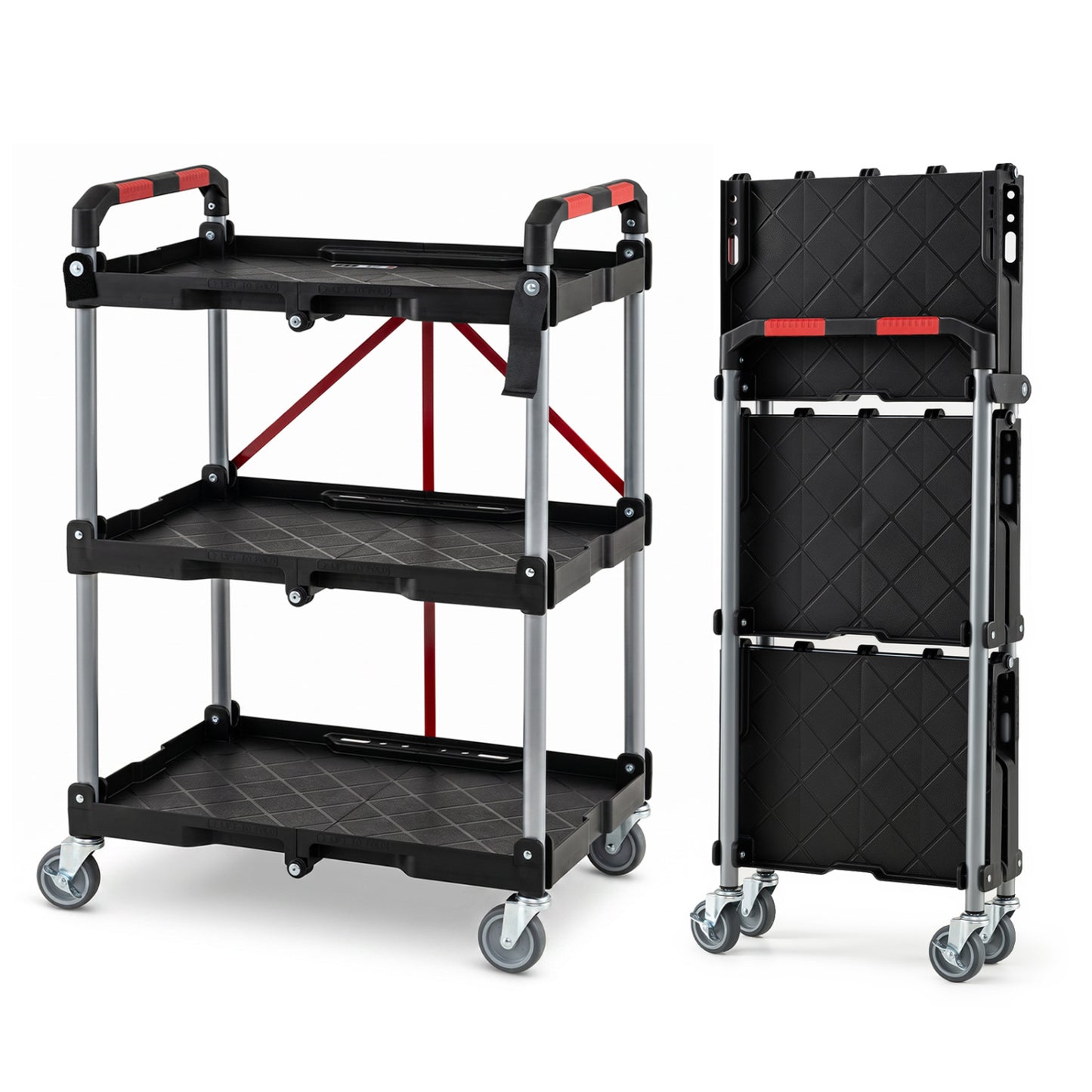 3-Tier Folding Utility Cart with Swivel Wheels and Brakes-Black
