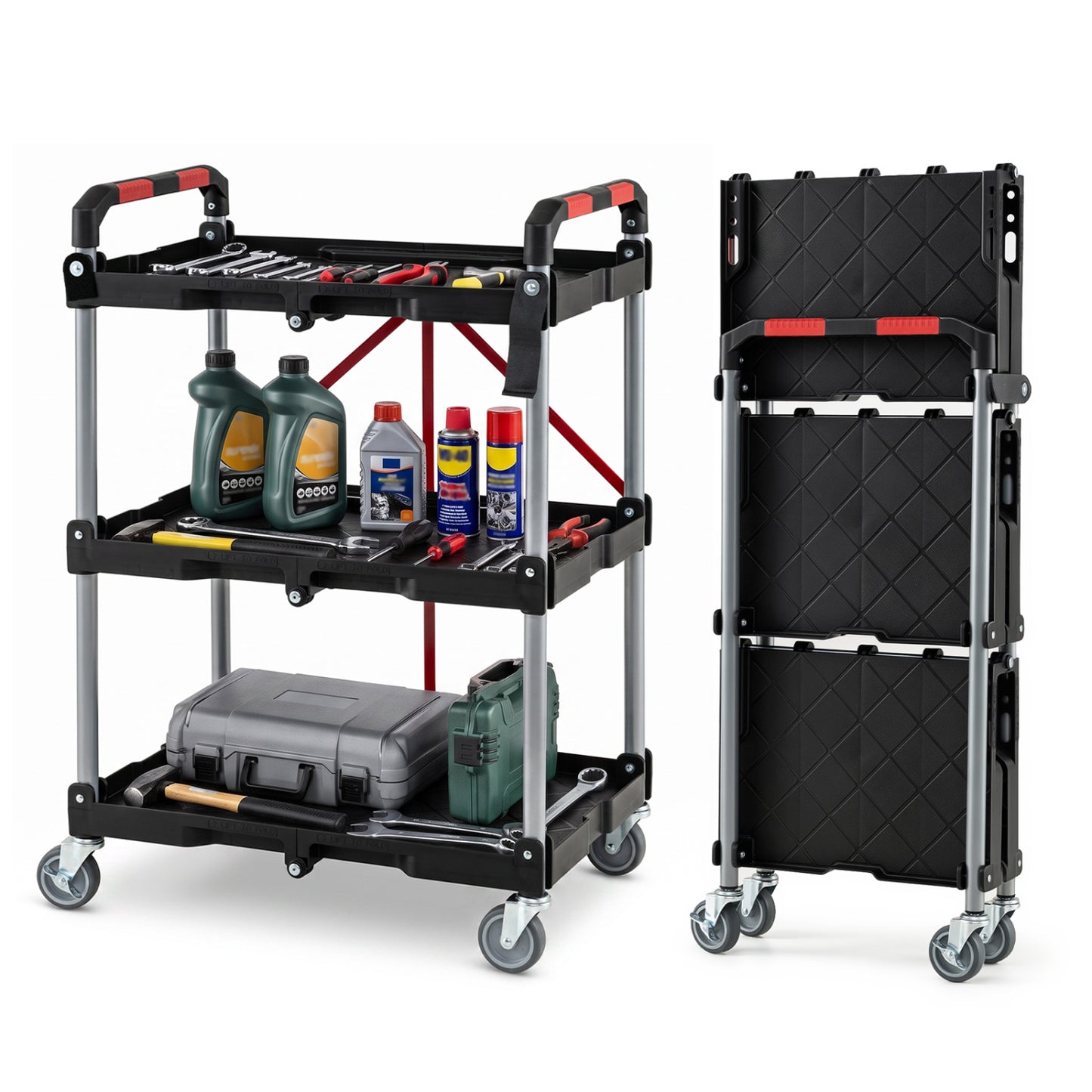 3-Tier Folding Utility Cart with Swivel Wheels and Brakes-Black