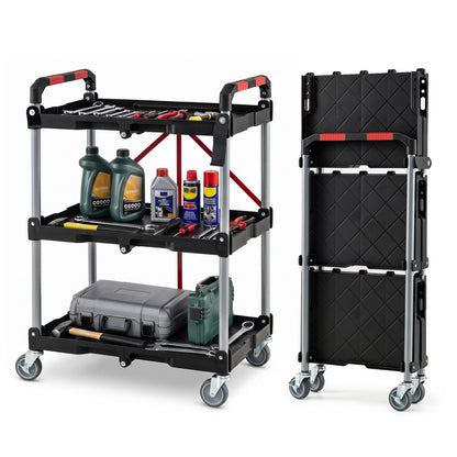3-Tier Folding Utility Cart with Swivel Wheels and Brakes-Black