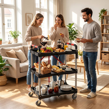 3-Tier Folding Utility Cart with Swivel Wheels and Brakes-Black