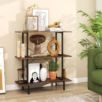 3-Tier Freestanding Bookshelf with Open Shelves and Metal Frame for Living Room-Rustic Brown