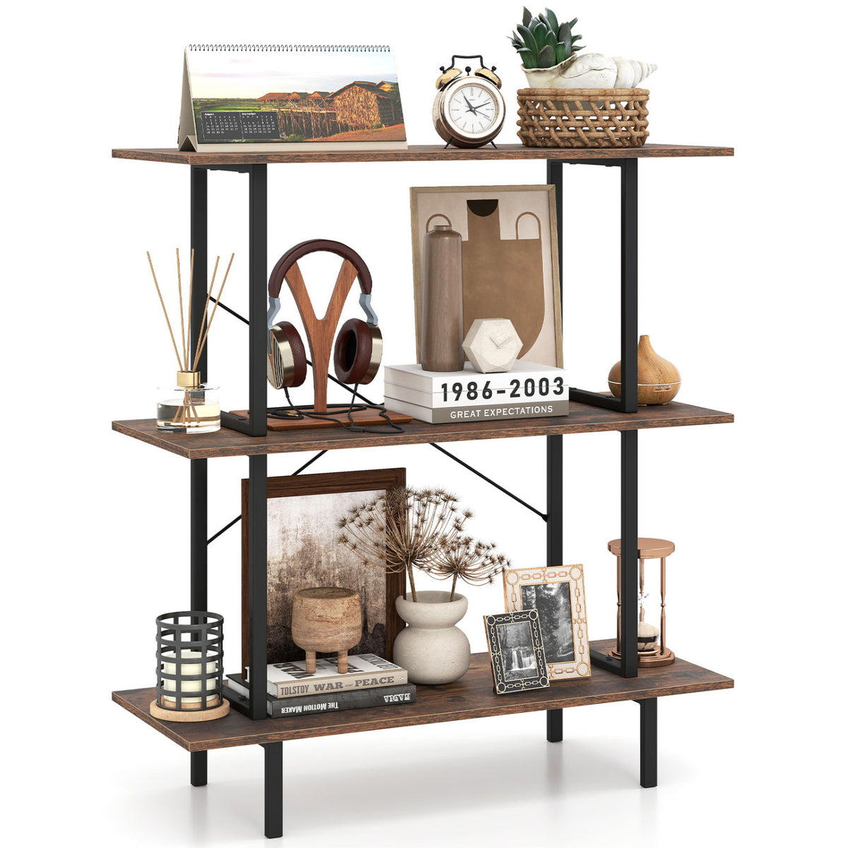 3-Tier Freestanding Bookshelf with Open Shelves and Metal Frame for Living Room-Rustic Brown