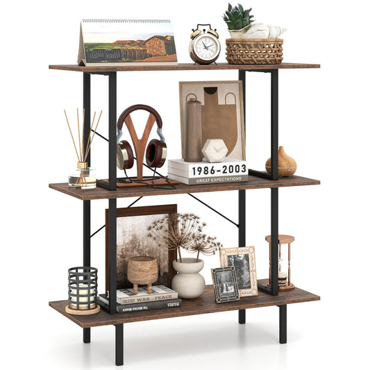 Rustic brown 3-tier freestanding bookshelf with open shelves and metal frame, ideal for living room or home office storage.