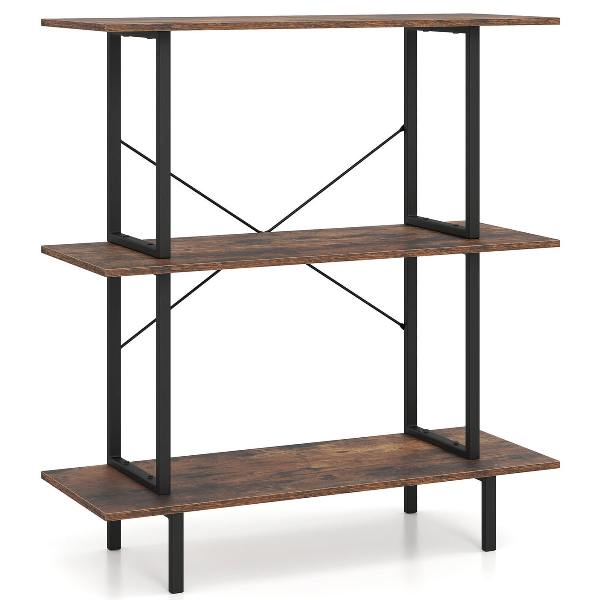 3-Tier Freestanding Bookshelf with Open Shelves and Metal Frame for Living Room-Rustic Brown